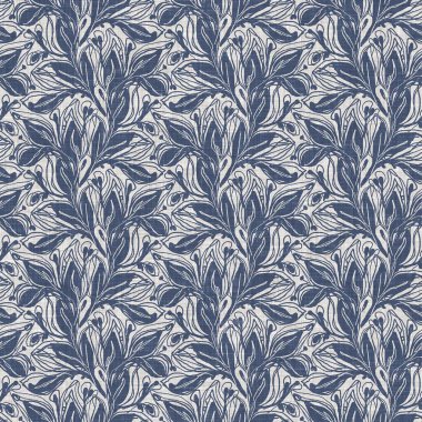 Fransız mavi botanik yaprağı keten desenli ve 2 tonluk kır evi motifli. Basit bir kırsal kumaş tekstil etkisi. İlkel, eski püskü, şık mutfak bezi tasarımı..