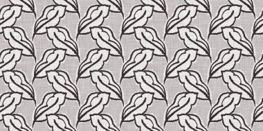 Fransız gri botanik yaprağı, iki tonluk kır evi motifli dikişsiz sınır. Basit bir kırsal kumaş tekstil etkisi. İlkel, eski püskü, şık mutfak bezi tasarımı..