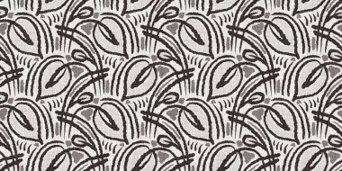 Fransız gri botanik yaprağı, iki tonluk kır evi motifli dikişsiz sınır. Basit bir kırsal kumaş tekstil etkisi. İlkel, eski püskü, şık mutfak bezi tasarımı..