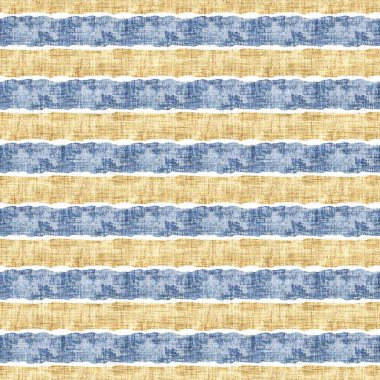 Kusursuz Fransız kırsal mutfak çizgili kumaş deseni. Mavi sarı beyaz yatay çizgili arka plan. Batik Boyası Kaynak Stili Kırsal Örgü Cottagecore Tekstili. 