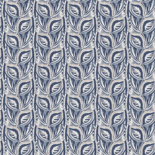 Fransk blå botaniskt löv linne sömlöst mönster med 2 ton lantlig stuga stil motiv. Enkel vintage rustik tyg textil effekt. Primitiv modern shabby chic köksduk design. — Stockfoto