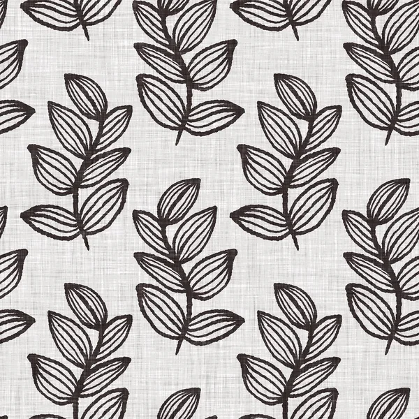 2トーンカントリーコテージスタイルのモチーフとフランスのグレー植物の葉リネンシームレスパターン。シンプルなヴィンテージ素朴な生地のテキスタイル効果。原始的な現代的なみすぼらしいシックなキッチンクロスデザイン. — ストック写真