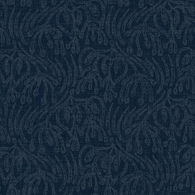 Koyu mavi yaprak boya bloğu deseni. Japon erkeksi boro etkisi kusursuz tekstil arka planı. Ses tonu bozuk wabi sabi nakış stili 