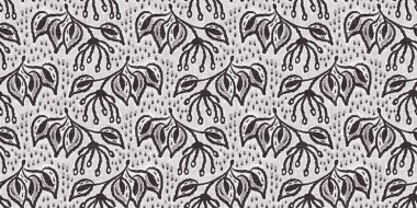 Fransız gri botanik yaprağı, iki tonluk kır evi motifli dikişsiz sınır. Basit bir kırsal kumaş tekstil etkisi. İlkel, eski püskü, şık mutfak bezi tasarımı..