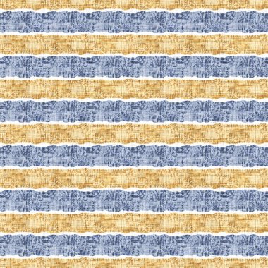 Kusursuz Fransız kırsal mutfak çizgili kumaş deseni. Mavi sarı beyaz yatay çizgili arka plan. Batik Boyası Kaynak Stili Kırsal Örgü Cottagecore Tekstili. 