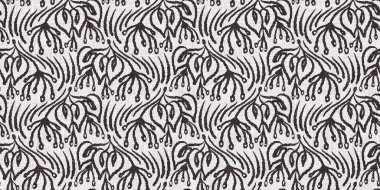 Fransız gri botanik yaprağı, iki tonluk kır evi motifli dikişsiz sınır. Basit bir kırsal kumaş tekstil etkisi. İlkel, eski püskü, şık mutfak bezi tasarımı..