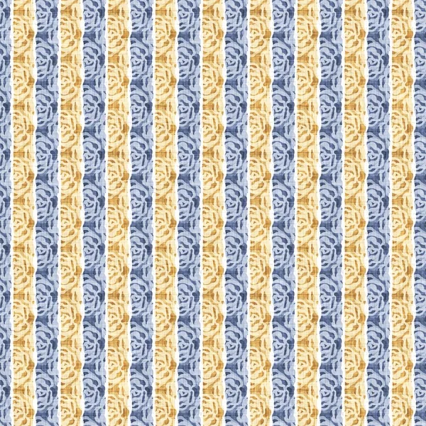 Stampa senza cuciture del modello del tessuto della striscia della cucina del paese francese. Sfondo blu giallo bianco a strisce verticali. Batik tintura provenza stile rustico tessuto cottagecore tessile. — Foto Stock