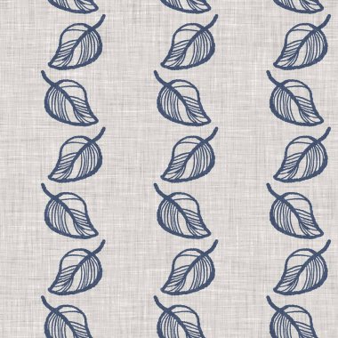 Fransız mavi botanik yaprağı keten desenli ve 2 tonluk kır evi motifli. Basit bir kırsal kumaş tekstil etkisi. İlkel, eski püskü, şık mutfak bezi tasarımı..