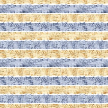 Kusursuz Fransız kırsal mutfak çizgili kumaş deseni. Mavi sarı beyaz yatay çizgili arka plan. Batik Boyası Kaynak Stili Kırsal Örgü Cottagecore Tekstili. 