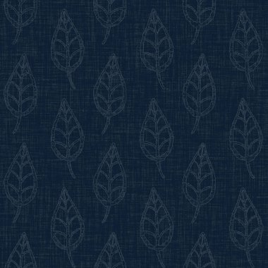 Koyu mavi yaprak boya bloğu deseni. Japon erkeksi boro etkisi kusursuz tekstil arka planı. Ses tonu bozuk wabi sabi nakış stili 