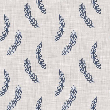 Fransız mavi botanik yaprağı keten desenli ve 2 tonluk kır evi motifli. Basit bir kırsal kumaş tekstil etkisi. İlkel, eski püskü, şık mutfak bezi tasarımı..
