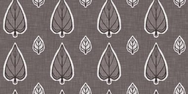 Fransız gri botanik yaprağı, iki tonluk kır evi motifli dikişsiz sınır. Basit bir kırsal kumaş tekstil etkisi. İlkel, eski püskü, şık mutfak bezi tasarımı..