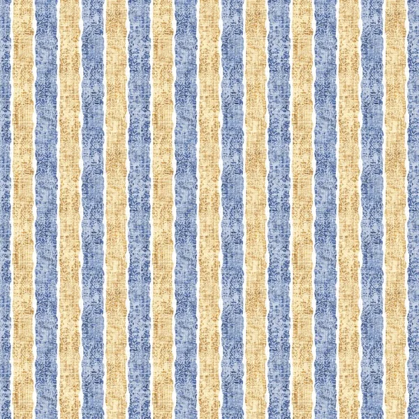 法国乡村无缝制厨房条纹面料图案印花.蓝色、黄色、垂直条纹背景。蜡染原色风格乡村编织棉织物. — 图库照片