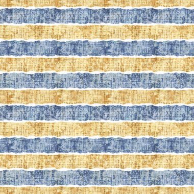 Kusursuz Fransız kırsal mutfak çizgili kumaş deseni. Mavi sarı beyaz yatay çizgili arka plan. Batik Boyası Kaynak Stili Kırsal Örgü Cottagecore Tekstili. 