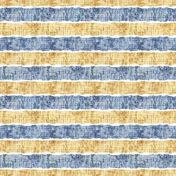 Kusursuz Fransız kırsal mutfak çizgili kumaş deseni. Mavi sarı beyaz yatay çizgili arka plan. Batik Boyası Kaynak Stili Kırsal Örgü Cottagecore Tekstili. 