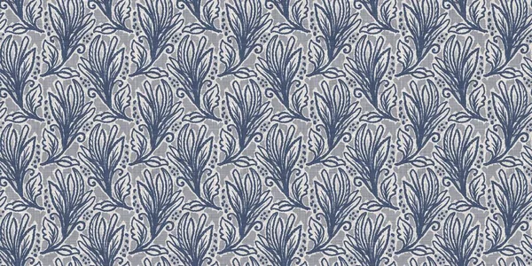 Fransız mavi botanik yaprağı, iki tonluk kır evi motifli, dikişsiz sınır. Basit bir kırsal kumaş tekstil etkisi. İlkel, eski püskü, şık mutfak bezi tasarımı..