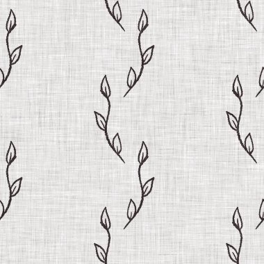 Fransız gri botanik yapraklı keten desenli, 2 tonluk kır evi motifli. Basit bir kırsal kumaş tekstil etkisi. İlkel, eski püskü, şık mutfak bezi tasarımı..
