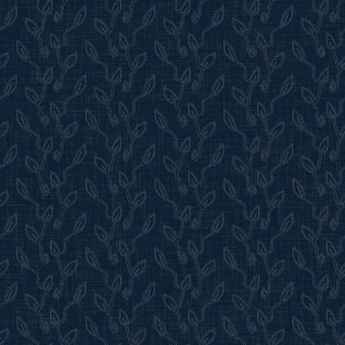 Koyu mavi yaprak boya bloğu deseni. Japon erkeksi boro etkisi kusursuz tekstil arka planı. Ses tonu bozuk wabi sabi nakış stili 