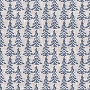 Fransız mavi botanik yaprağı keten desenli ve 2 tonluk kır evi motifli. Basit bir kırsal kumaş tekstil etkisi. İlkel, eski püskü, şık mutfak bezi tasarımı..