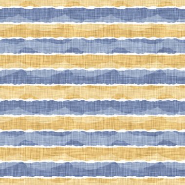 Kusursuz Fransız kırsal mutfak çizgili kumaş deseni. Mavi sarı beyaz yatay çizgili arka plan. Batik Boyası Kaynak Stili Kırsal Örgü Cottagecore Tekstili. 
