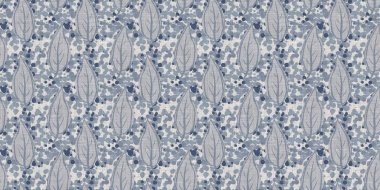 Fransız mavi botanik yaprağı, iki tonluk kır evi motifli, dikişsiz sınır. Basit bir kırsal kumaş tekstil etkisi. İlkel, eski püskü, şık mutfak bezi tasarımı..