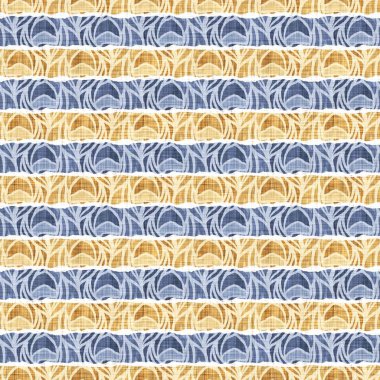 Kusursuz Fransız kırsal mutfak çizgili kumaş deseni. Mavi sarı beyaz yatay çizgili arka plan. Batik Boyası Kaynak Stili Kırsal Örgü Cottagecore Tekstili. 