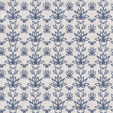 Fransız mavi botanik yaprağı keten desenli ve 2 tonluk kır evi motifli. Basit bir kırsal kumaş tekstil etkisi. İlkel, eski püskü, şık mutfak bezi tasarımı..