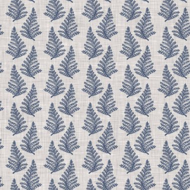 Fransız mavi botanik yaprağı keten desenli ve 2 tonluk kır evi motifli. Basit bir kırsal kumaş tekstil etkisi. İlkel, eski püskü, şık mutfak bezi tasarımı..