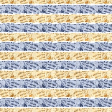 Kusursuz Fransız kırsal mutfak çizgili kumaş deseni. Mavi sarı beyaz yatay çizgili arka plan. Batik Boyası Kaynak Stili Kırsal Örgü Cottagecore Tekstili. 