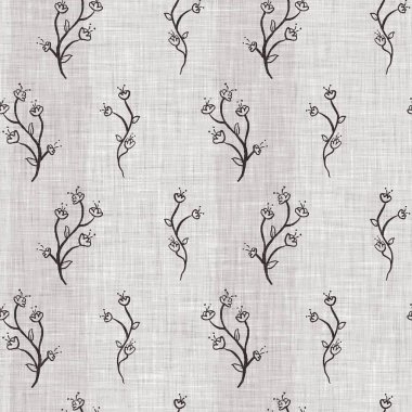 Fransız gri botanik yapraklı keten desenli, 2 tonluk kır evi motifli. Basit bir kırsal kumaş tekstil etkisi. İlkel, eski püskü, şık mutfak bezi tasarımı..