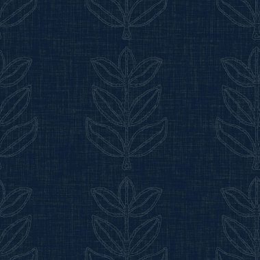 Koyu mavi yaprak boya bloğu deseni. Japon erkeksi boro etkisi kusursuz tekstil arka planı. Ses tonu bozuk wabi sabi nakış stili 