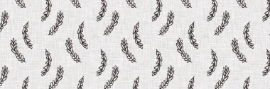 Fransız gri botanik yaprağı keten kenar desenli ve 2 renkli kır evi motifli. Basit bir kırsal kumaş tekstil etkisi. İlkel, eski püskü, şık mutfak bezi tasarımı..