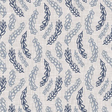 Fransız mavi botanik yaprağı keten desenli ve 2 tonluk kır evi motifli. Basit bir kırsal kumaş tekstil etkisi. İlkel, eski püskü, şık mutfak bezi tasarımı..