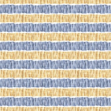 Kusursuz Fransız kırsal mutfak çizgili kumaş deseni. Mavi sarı beyaz yatay çizgili arka plan. Batik Boyası Kaynak Stili Kırsal Örgü Cottagecore Tekstili. 