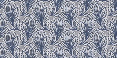 Fransız mavi botanik yaprağı, iki tonluk kır evi motifli, dikişsiz sınır. Basit bir kırsal kumaş tekstil etkisi. İlkel, eski püskü, şık mutfak bezi tasarımı..