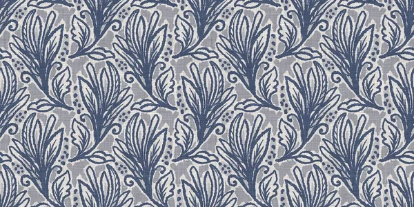 Fransız mavi botanik yaprağı, iki tonluk kır evi motifli, dikişsiz sınır. Basit bir kırsal kumaş tekstil etkisi. İlkel, eski püskü, şık mutfak bezi tasarımı..