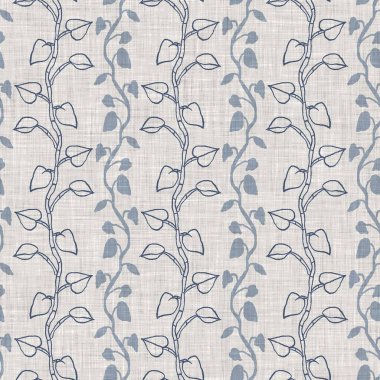 Fransız mavi botanik yaprağı keten desenli ve 2 tonluk kır evi motifli. Basit bir kırsal kumaş tekstil etkisi. İlkel, eski püskü, şık mutfak bezi tasarımı..