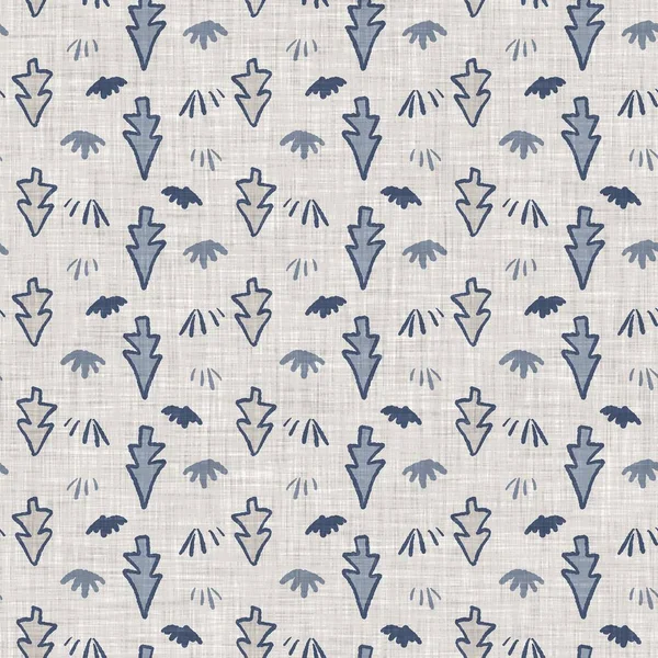 French blue botanical leaf linen seamless pattern with 2 tone country cottage style motif. Simple vintage rustic fabric textile effect. Primitive modern shabby chic kitchen cloth design.