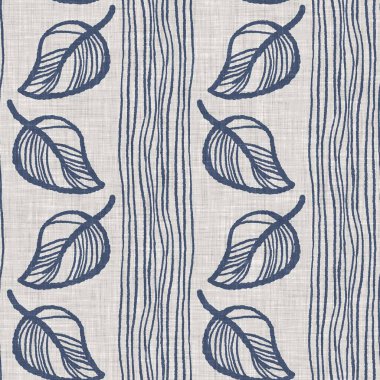 Fransız mavi botanik yaprağı keten desenli ve 2 tonluk kır evi motifli. Basit bir kırsal kumaş tekstil etkisi. İlkel, eski püskü, şık mutfak bezi tasarımı..