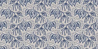 Fransız mavi botanik yaprağı, iki tonluk kır evi motifli, dikişsiz sınır. Basit bir kırsal kumaş tekstil etkisi. İlkel, eski püskü, şık mutfak bezi tasarımı..