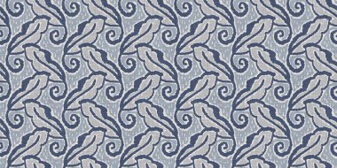 Fransız mavi botanik yaprağı, iki tonluk kır evi motifli, dikişsiz sınır. Basit bir kırsal kumaş tekstil etkisi. İlkel, eski püskü, şık mutfak bezi tasarımı..