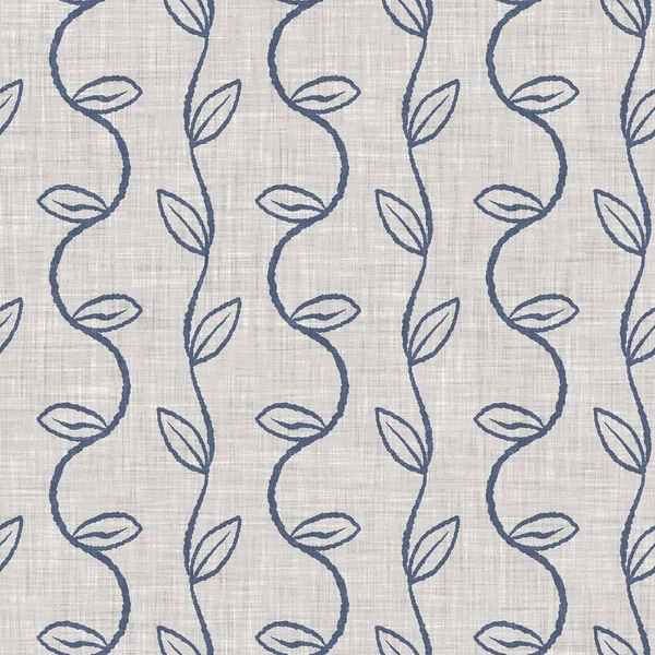 French blue botanical leaf linen seamless pattern with 2 tone country cottage style motif. Simple vintage rustic fabric textile effect. Primitive modern shabby chic kitchen cloth design.