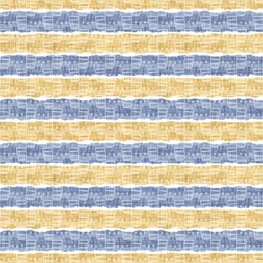 Kusursuz Fransız kırsal mutfak çizgili kumaş deseni. Mavi sarı beyaz yatay çizgili arka plan. Batik Boyası Kaynak Stili Kırsal Örgü Cottagecore Tekstili. 
