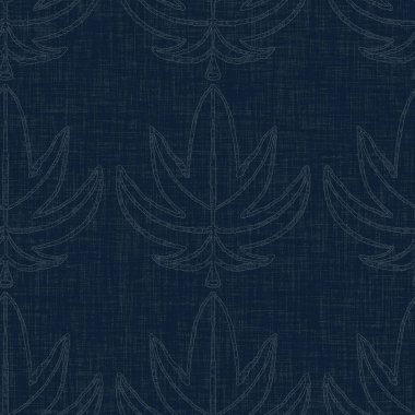 Koyu mavi yaprak boya bloğu deseni. Japon erkeksi boro etkisi kusursuz tekstil arka planı. Ses tonu bozuk wabi sabi nakış stili 