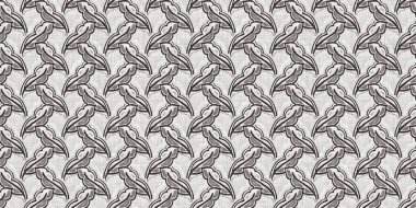 Fransız gri botanik yaprağı, iki tonluk kır evi motifli dikişsiz sınır. Basit bir kırsal kumaş tekstil etkisi. İlkel, eski püskü, şık mutfak bezi tasarımı..