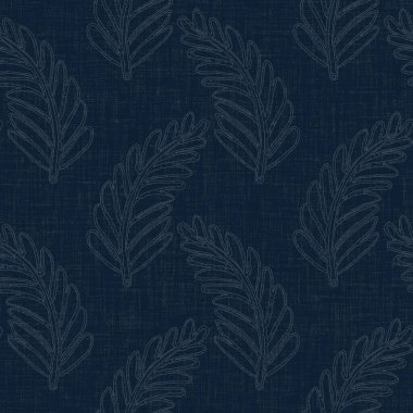 Koyu mavi yaprak boya bloğu deseni. Japon erkeksi boro etkisi kusursuz tekstil arka planı. Ses tonu bozuk wabi sabi nakış stili 