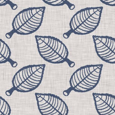 Fransız mavi botanik yaprağı keten desenli ve 2 tonluk kır evi motifli. Basit bir kırsal kumaş tekstil etkisi. İlkel, eski püskü, şık mutfak bezi tasarımı..