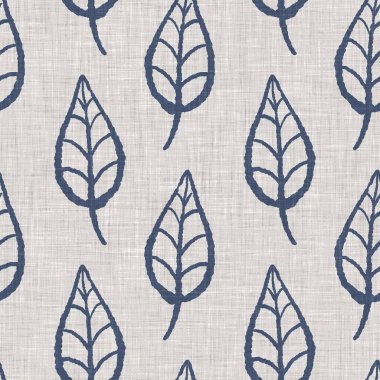 Fransız mavi botanik yaprağı keten desenli ve 2 tonluk kır evi motifli. Basit bir kırsal kumaş tekstil etkisi. İlkel, eski püskü, şık mutfak bezi tasarımı..