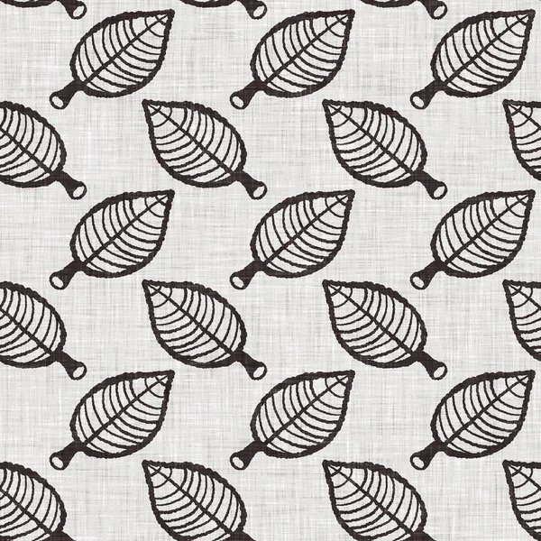 French grey botanical leaf linen seamless pattern with 2 tone country cottage style motif. Simple vintage rustic fabric textile effect. Primitive modern shabby chic kitchen cloth design.