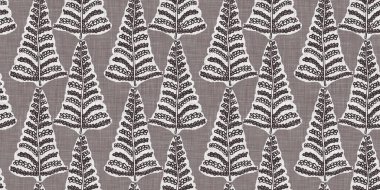 Fransız gri botanik yaprağı, iki tonluk kır evi motifli dikişsiz sınır. Basit bir kırsal kumaş tekstil etkisi. İlkel, eski püskü, şık mutfak bezi tasarımı..